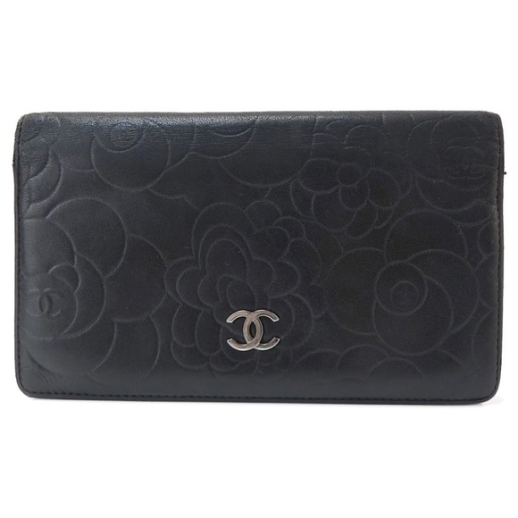 AUTH CHANEL Camellia Lambskin Long Wallet Black - Picture 2 of 11